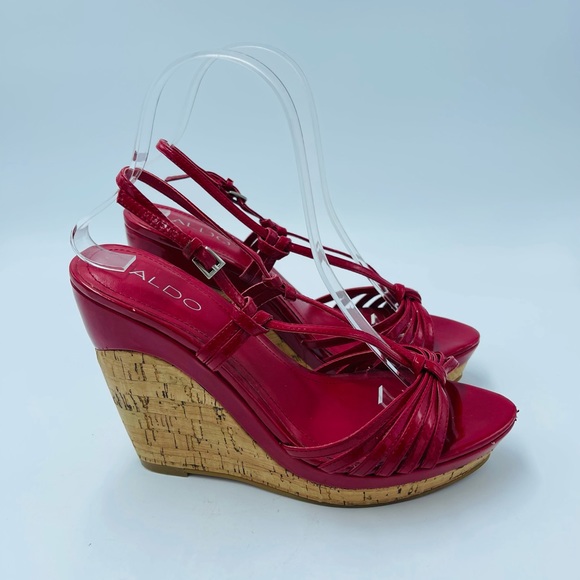 Aldo Red Patent Leather Mullti Strap Cork Sandal heel Wedges - Picture 2 of 10